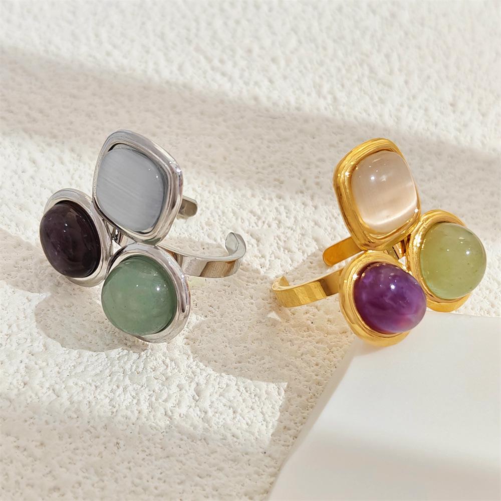 Adjustable Tricolor Stone Stainless Steel Ring - Simple and Fashionable Design for Women
