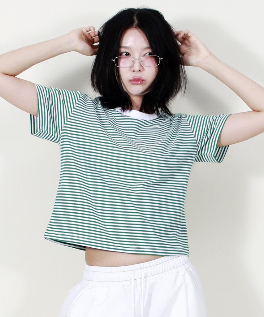 Deumakeu Striped Semi-Crop Short Sleeve T-Shirt Green
