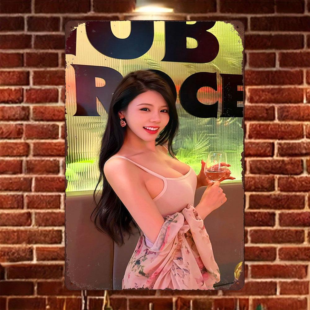 

HD Tin Sign Vintage Asian Girl in Pink Camisole Floral Shawl Holding Wine Glass Metal Wall Art Retro Decor for Home Bar Cafe 20x30cm（7.8x11.8inch）