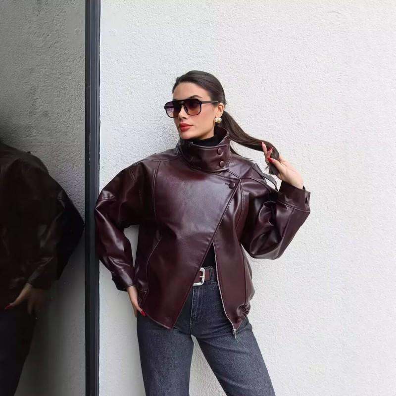 Womens Stand Collar Long Sleeve Faux Leather Jacket With Texture Streetwear Oversized PU Coat Fall 2026