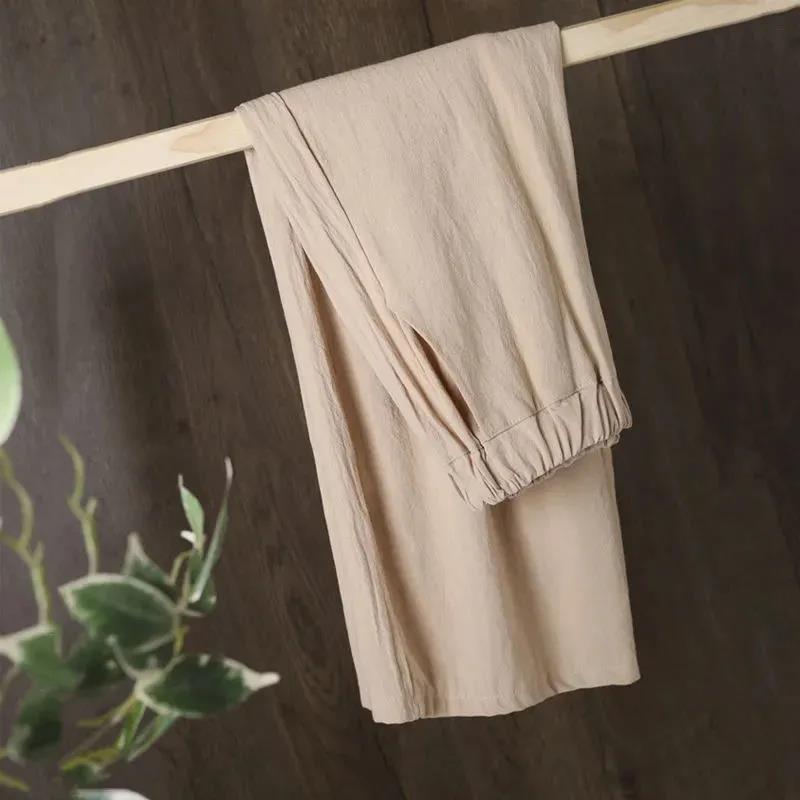 Women Summer 100% Cotton Large Size Wide Leg Casual Pants Loose Elastic Waist Solid Color Thin Cropped Pants