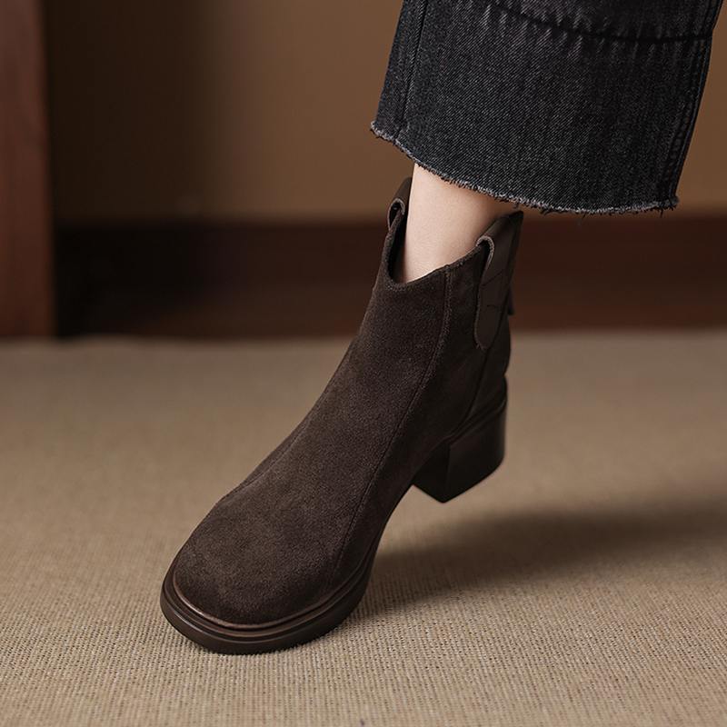 Krazing Pot Cow Suede Nubuck Winter Round Toe Modern Boots Med Heels Zipper Women Ankle Boots