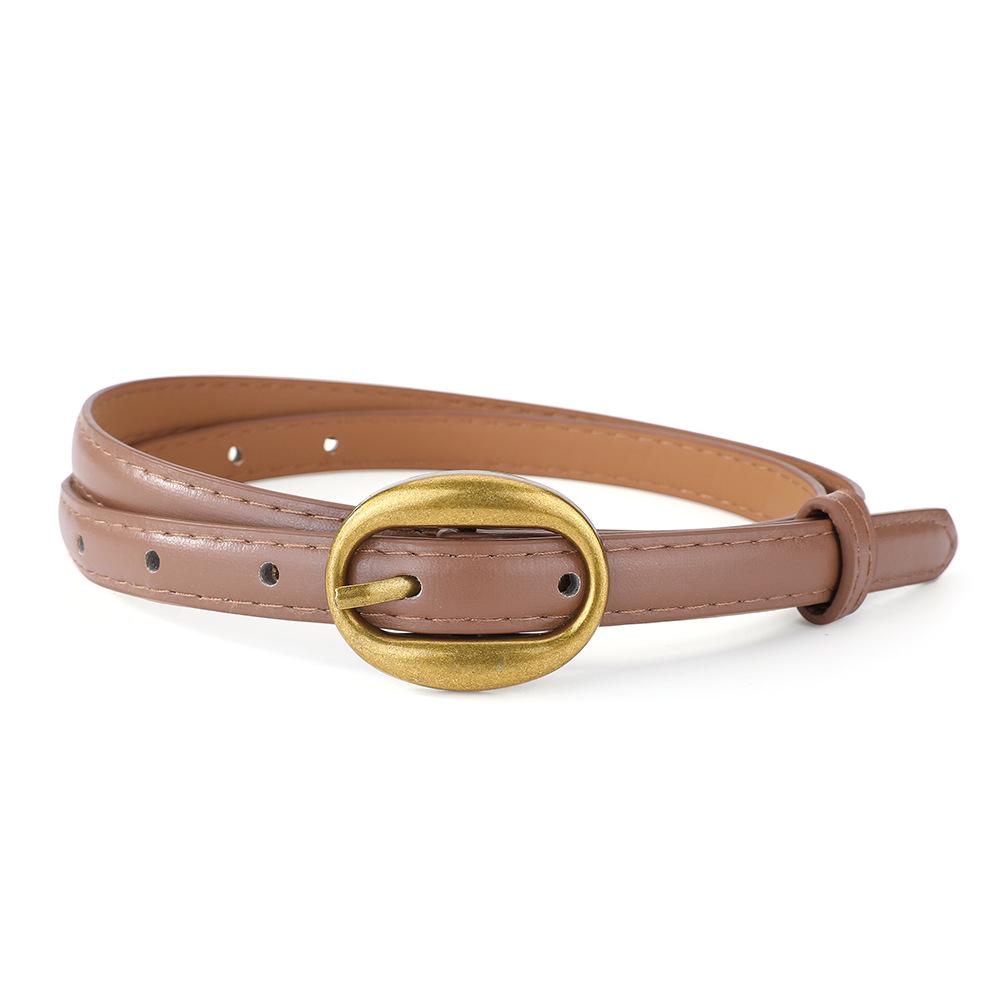 Women's French Retro Oval Buckle Leather Belt - Versatile and Slim for Skirts, Shirts, and Pants.