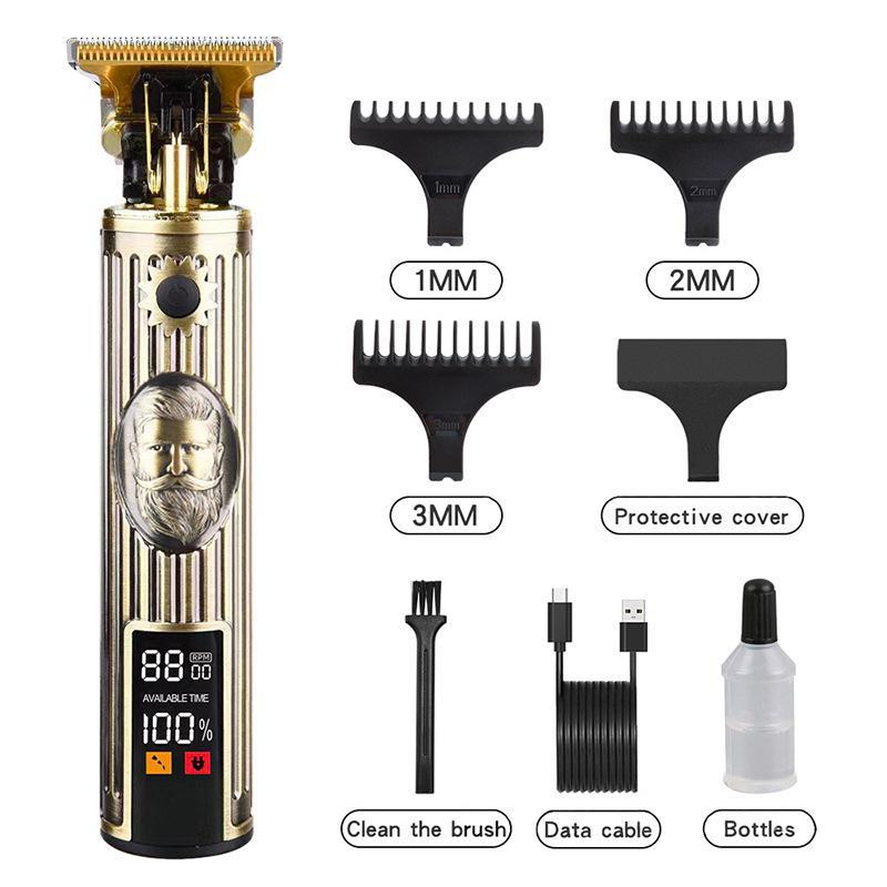 Retro T9 Electric Hair Clipper with LCD Display, USB Charging, Buddha Head Design, Oil Head Styling, and Power Push Technology.