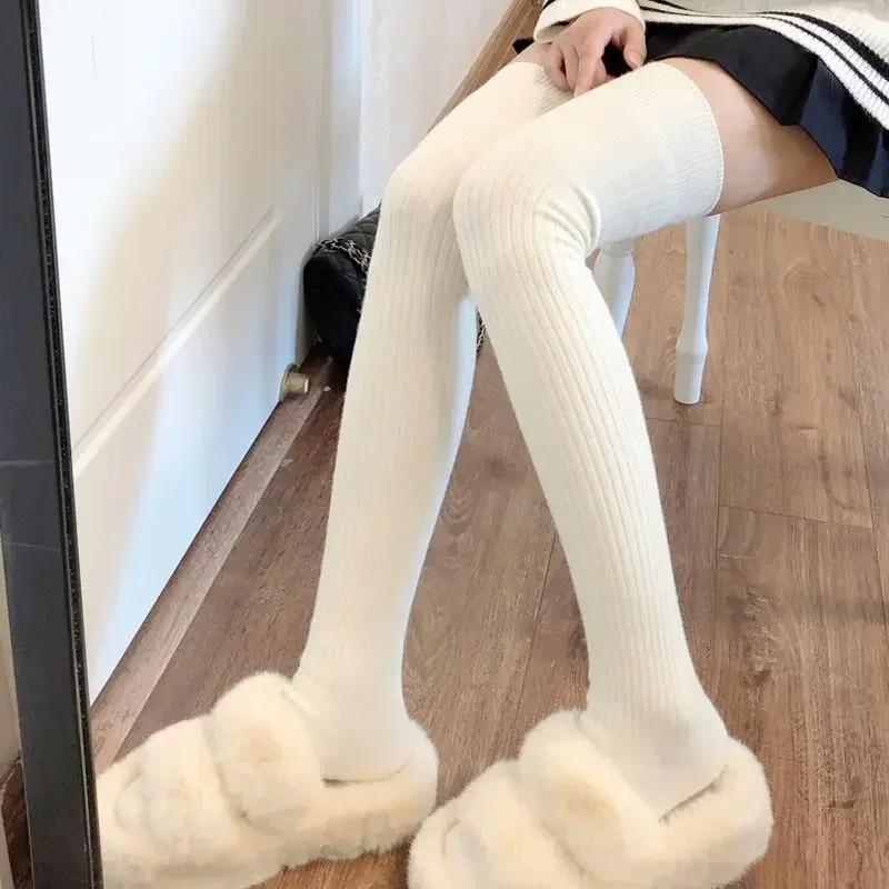 Autumn Winter Cashmere Solid Knitted Stocking Skinny Casual Knee High Fluffy Warm Thicken Girls Socks Women Soft Wool Long Socks
