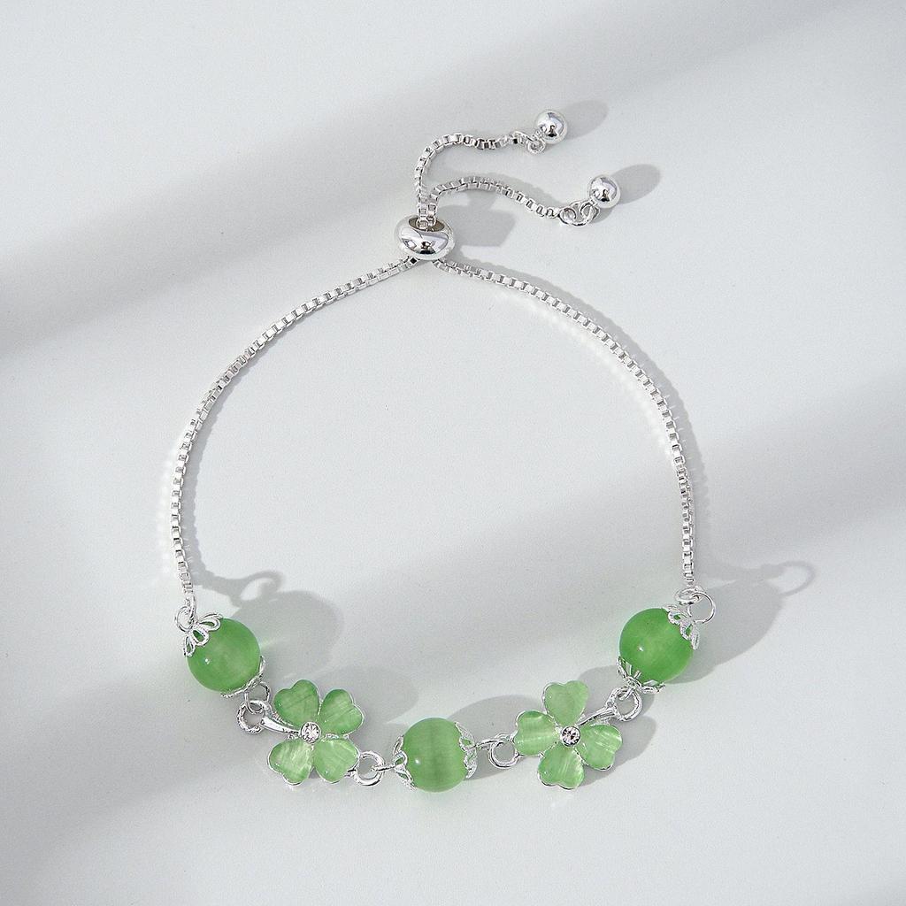 Lucky Four-Leaf Clover Adjustable Green Cat's Eye Bracelet for Women (Mori Style)