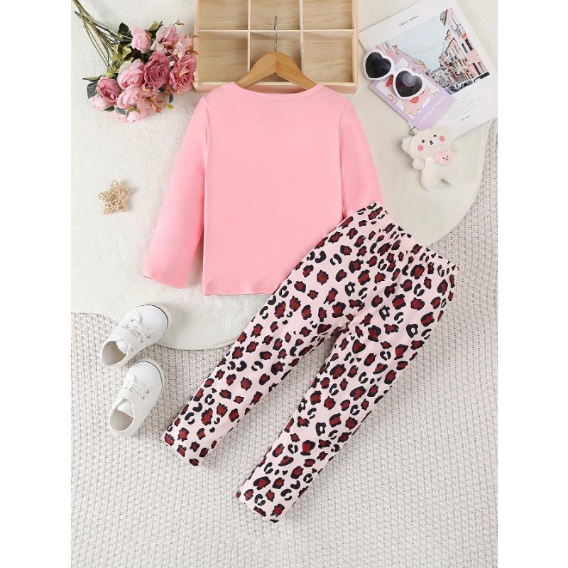 Long-Sleeve And Long-Pants Outfit for Girls | Cute Cat Design T-Shirt And Leopard Print Pants | Soft And Comfortable Set Suitable for Outdoor Wear