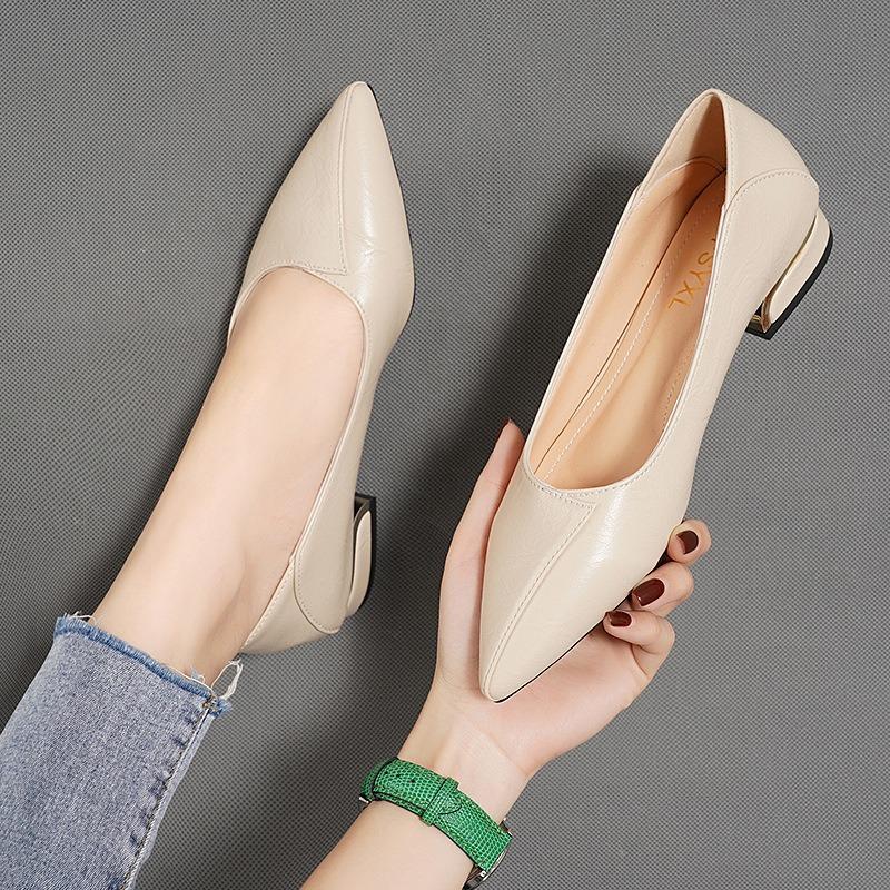 High Heels Women's Thick Heels Small Leather Shoes New Shallow Mouth Pointed Single Shoes Gentle Shoes Work