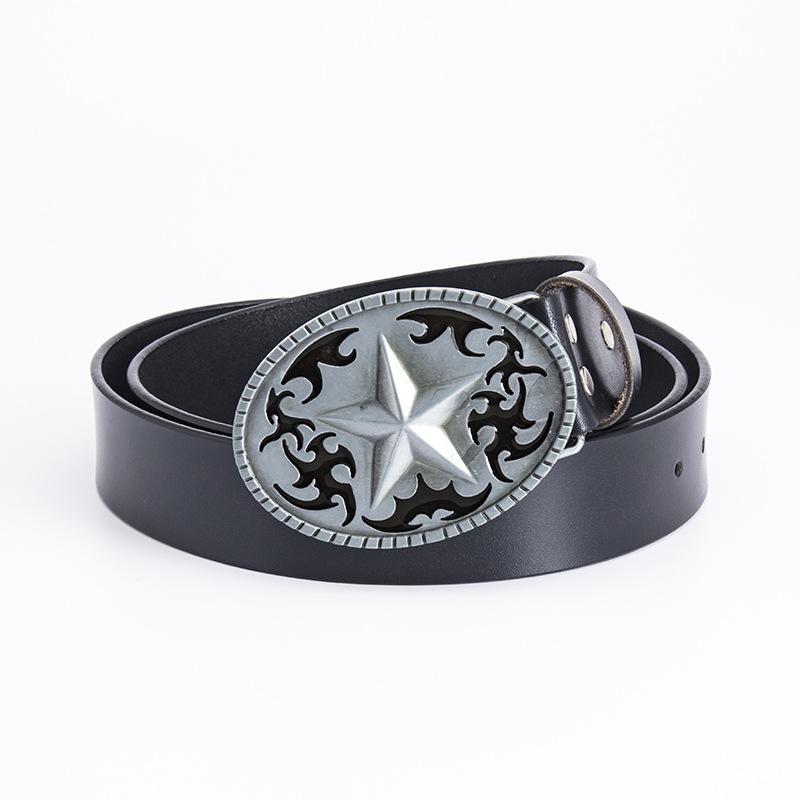 Pentagram Leather Men's Cowhide Belt Retro Smooth Buckle Wide Belt Decorative Belt