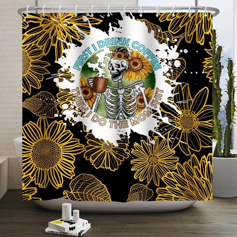 Floral Skull Shower Curtain Mushroom Gothic Halloween Bathroom Decor Curtain Skeleton Butterfly Vintage Artwork Bathtub Curtain