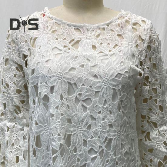 Rochie de toamnă, primăvară, pentru femei, cu dantelă, broderie cu flori, gât rotund, cu mâneci lungi, cu două straturi, culoare solidă, rochie midi etnică lejeră