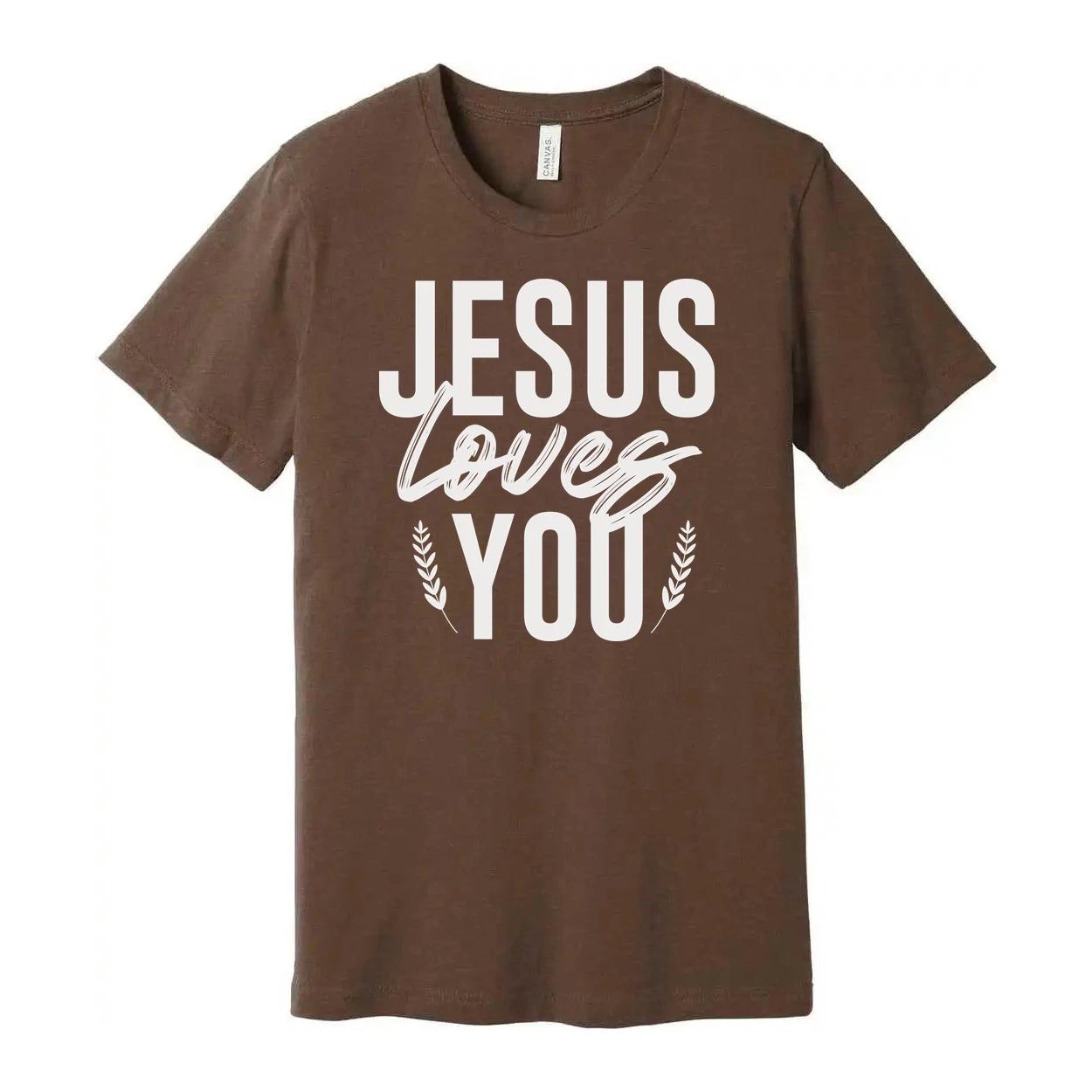 

Unisex Christian T Shirt With Jesus Loves You Graphic And Laurel Leaf Accents So L