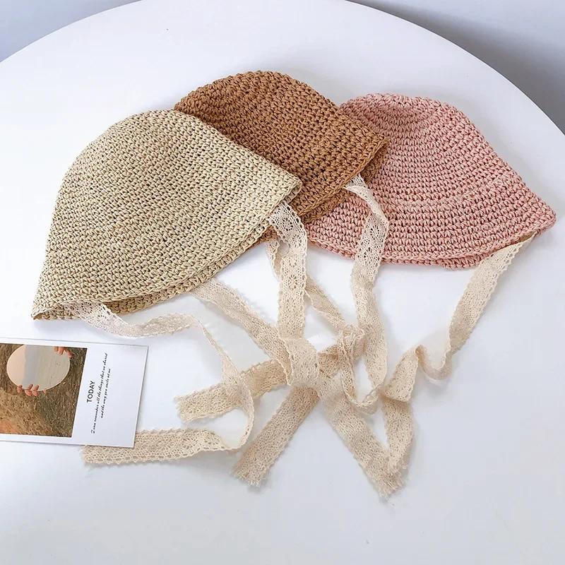 Summer Beach Sun Protection Cap for Kids Women's Straw Woven Fisherman Cap Ins Korean Style Baby Sunshade Pot Cap for 1-3 Years
