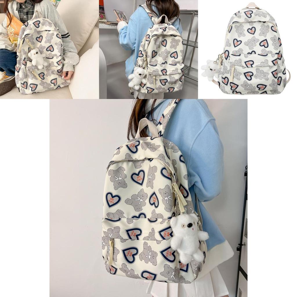 Girl Nylon Cute School Backpack With Love Heart Bear And Letters Print Design For Daily Use