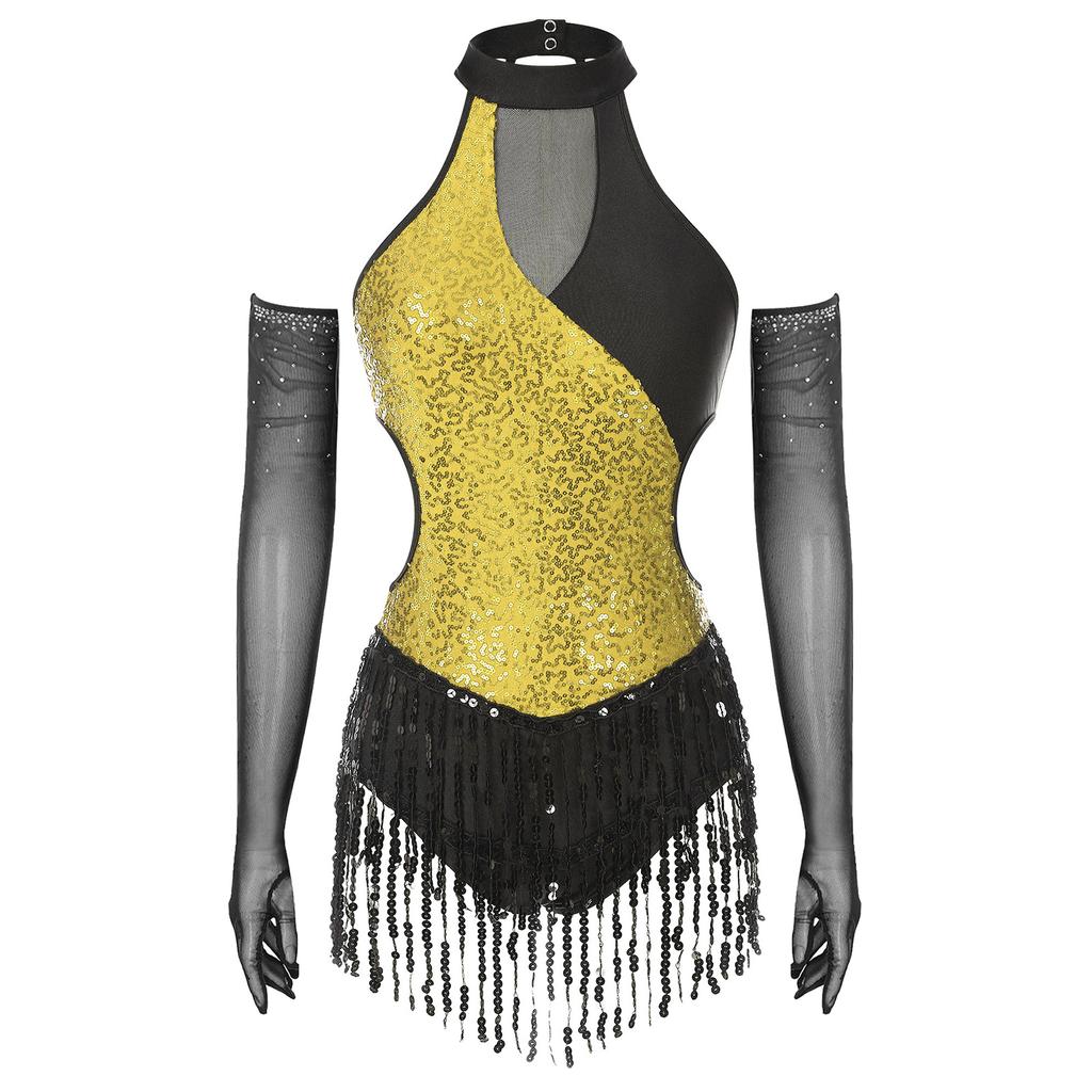 Womens Latin Figure Skating Jumpsuit Sleeveless Sequined Tassel Leotard Bodysuit Matching Mesh Gloves