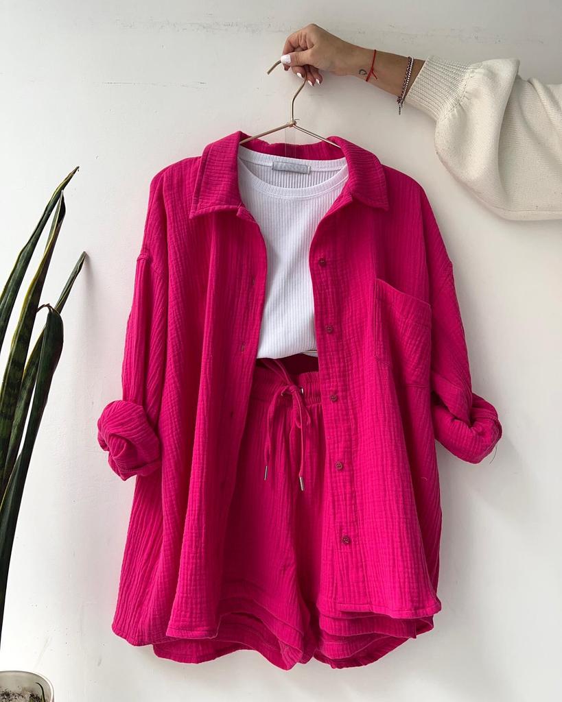 European and American Women's Plus Size Two-Piece Crinkled Set: Long Sleeve Turn-Down Collar Shirt & High Waist Drawstring Shorts.