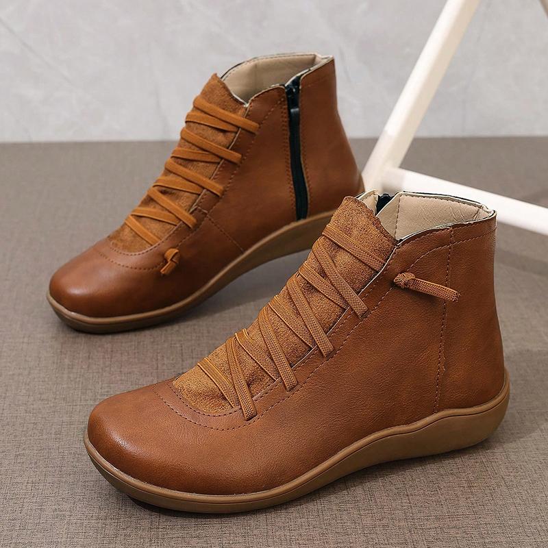 Botines de Tobillo de Cuero PU de Otoño Invierno para Mujer Punta Redonda Cordones Retro Zapatos de Trabajo Mujer Cómodo Tacón Plano Casual Botines Cortos