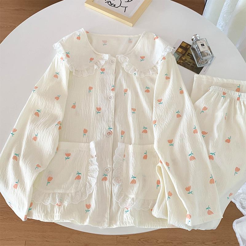 Small Fresh Flower Doll Collar Pajamas Women'S Spring And Autumn Cloud Cotton Long-Sleeved Loungewear Set