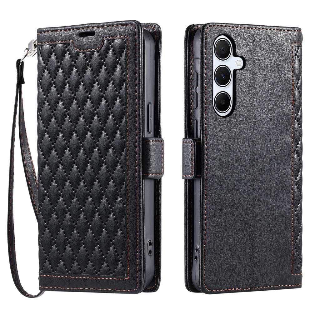 For Samsung Galaxy A17 Leather Case Rhombus Texture Wallet Stand Phone Cover with Wrist Strap