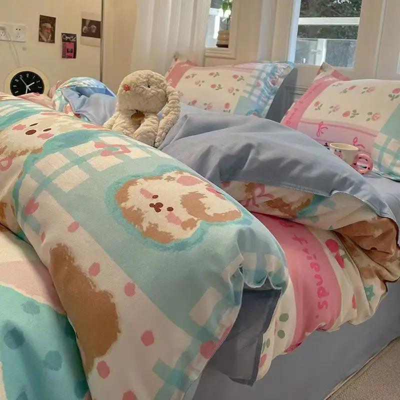 Floral Bedding Set with Duvet Cover,No Filling Flat Sheet with Pillowcases,Kids Queen Full Size Bed Linen,Boys and Girls New