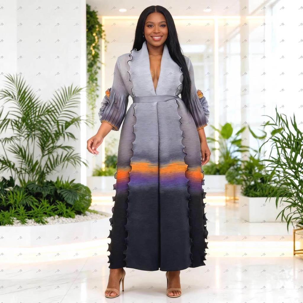 Miyake Women's Tie-Waist Gradient Ruffled Long Coat and Skirt Set - Ideal for Spring and Autumn