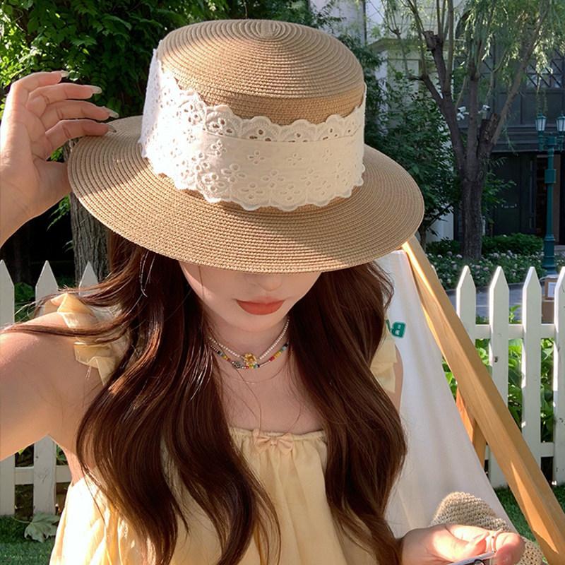 French Lace Woven Straw Hat Women's Summer New Seaside Beach Vacation Sunscreen Sunshade Flat Top Straw Hat
