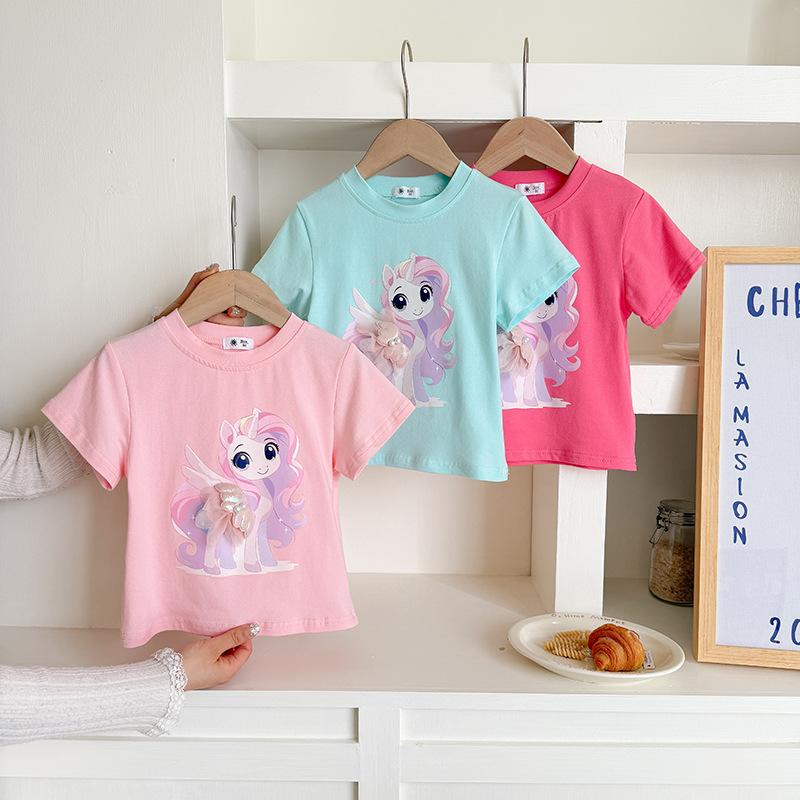 Girls' Casual Cotton Short-sleeved T-shirt, Summer Children's Cute Little Horse Printed T-shirt