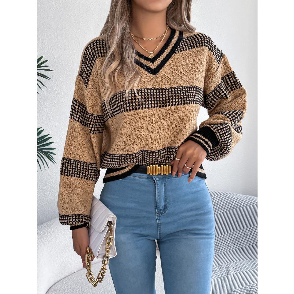 Damen V-Ausschnitt farblich abgesetzter gestreifter Pullover mit Glockenärmeln