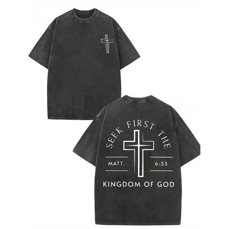 Men'S Christian Faith T-Shirt - First Seek The Kingdom of God & Matthew Bible Verse Print, Retro Streetwear Casual Round Neck Tee with Cross Design