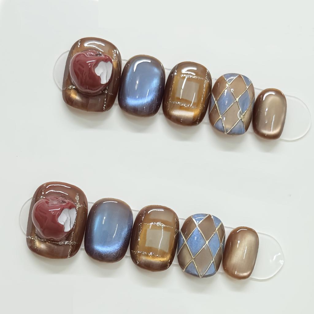 10Pcs Short Oval Cat Eye Press On Nails Blue Brown Full Coverage False Tips Autumn Winter Removable Wearable Manicure For Women