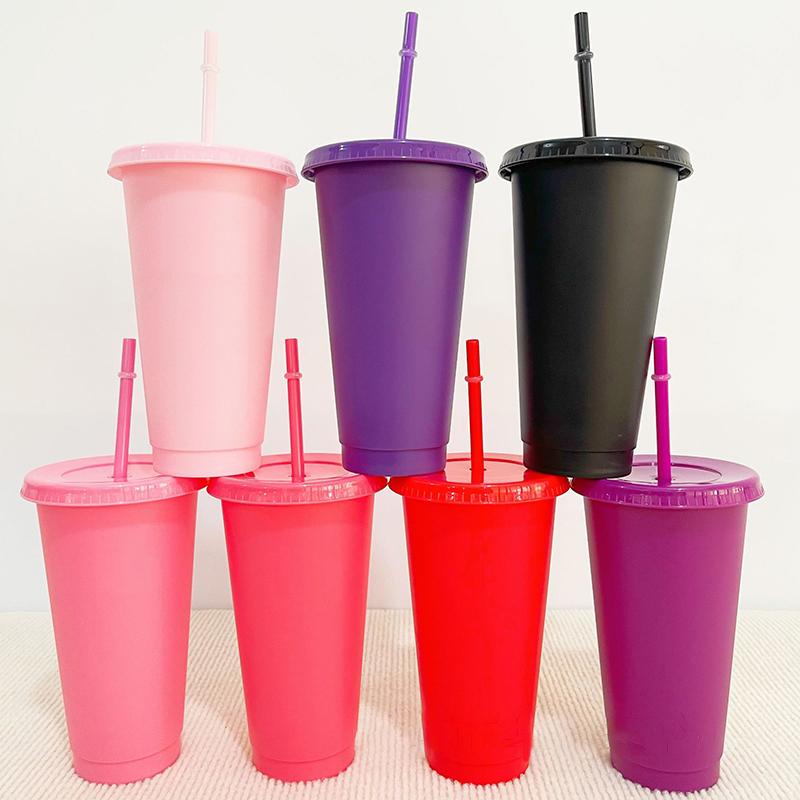 Reusable Drinkware With Straws Lid Flash Powder Water Bottle Plastic Tumblers Straw Drinking Cup Cold Drink Tumbler