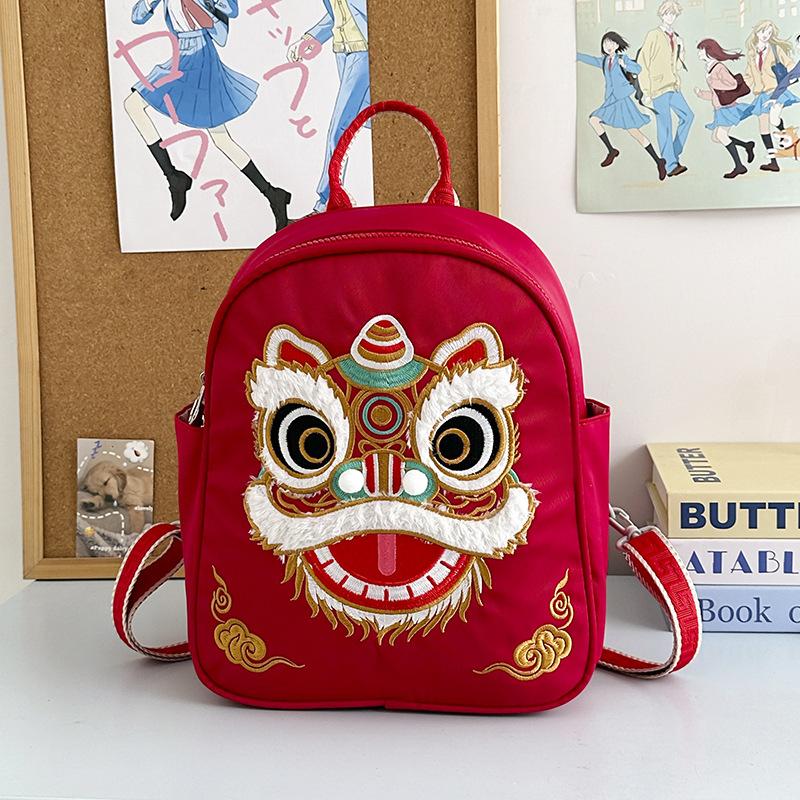 Schoolbag Guochao Lion Dance Embroidered Backpack Women's New Retro Fashion Versatile Large Capacity Go Out Play Small Backpack