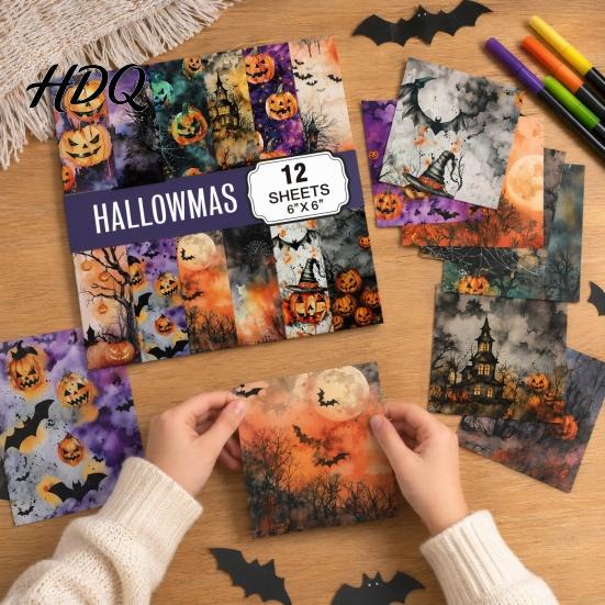 No Burrs Cutting Paper 12 Sheets Purple Gothic Halloween Scrapbook Paper, Double Sided Decorative Craft Pumpkin Ghost Bat for Card Making, Origami,