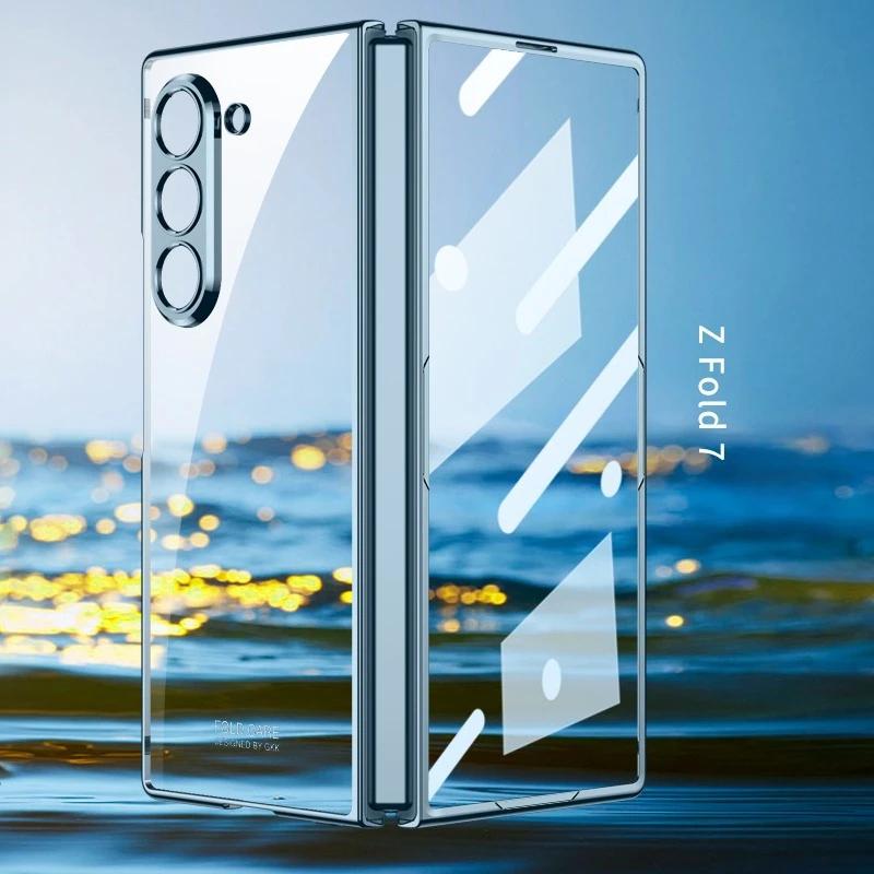 

Transparent with Shell Film Electroplating Phone Case for Samsung Z Fold 7 6 5G Fold7 Fold6 Hinge Shockproof Protective Cover Galaxy Z Fold6 синій