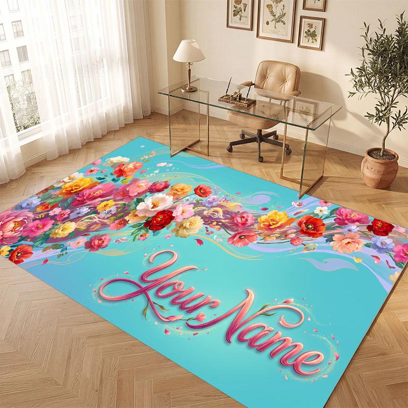 Floral Garden Theme Crystal Velvet Floor Rug Personalized Custom Name Text Warm Carpet Home Decoration