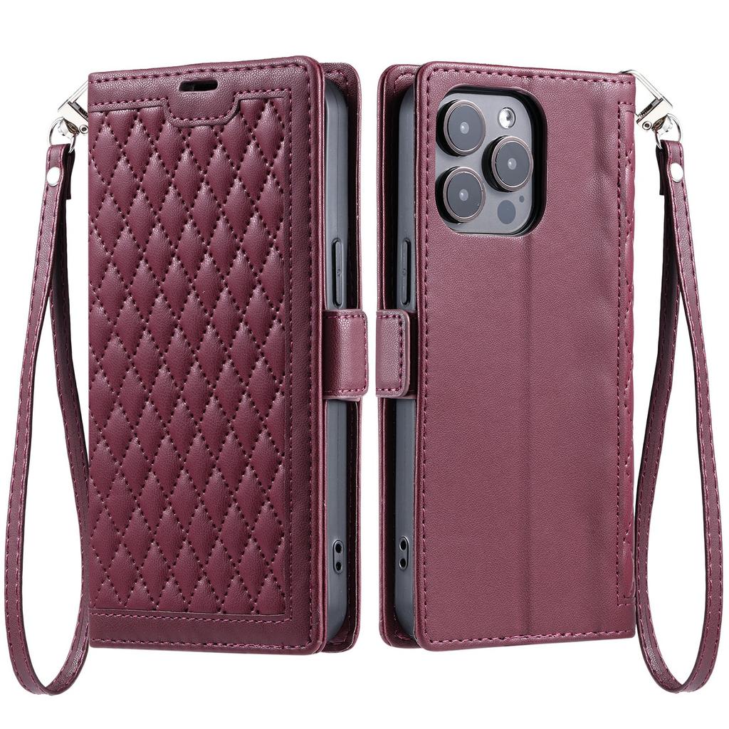 For iPhone 14 Pro Max Leather Case Rhombus Texture Wallet Stand Phone Cover with Wrist Strap