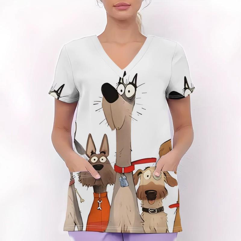 Womens V-Neck Short Sleeve Nursing Scrub Top With 3D Cartoon Print Comfortable Workwear Casual Medical Uniform