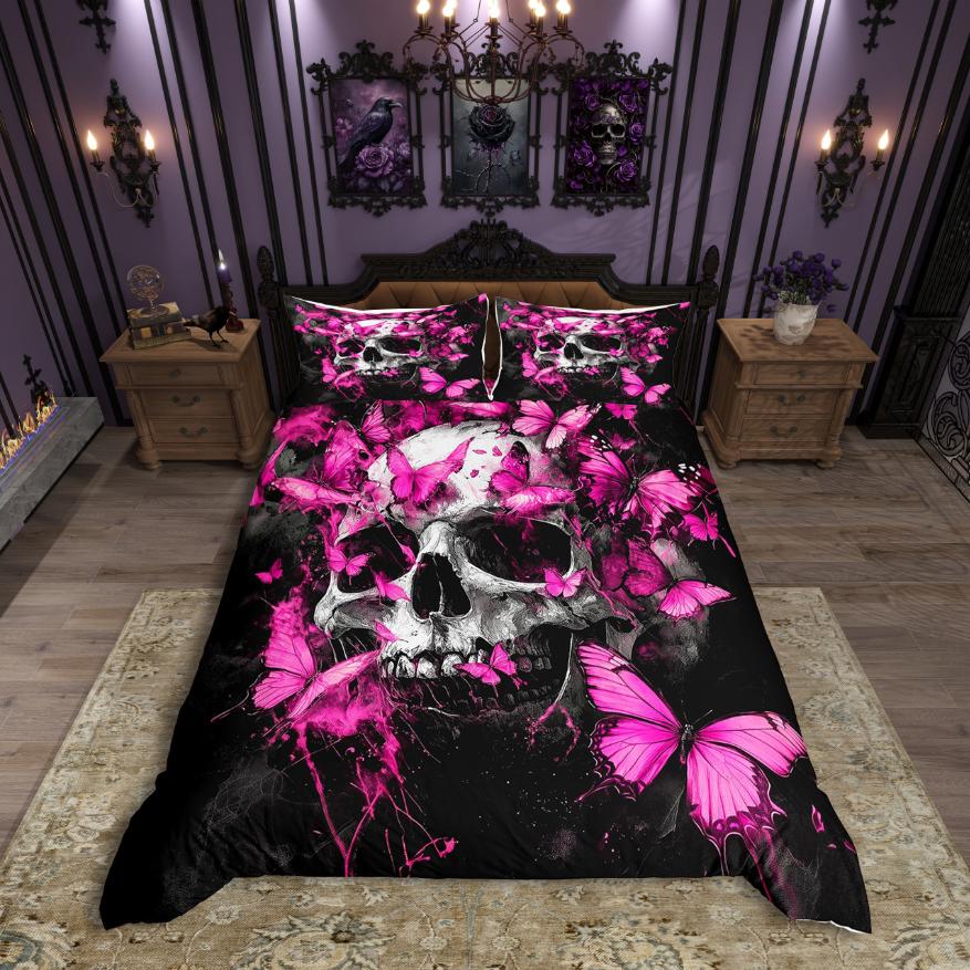Homewish Spooky Halloween Skull Duvet Cover SetCute Butterflies Bedding SetPurple Black Bed Set For Girls Boys