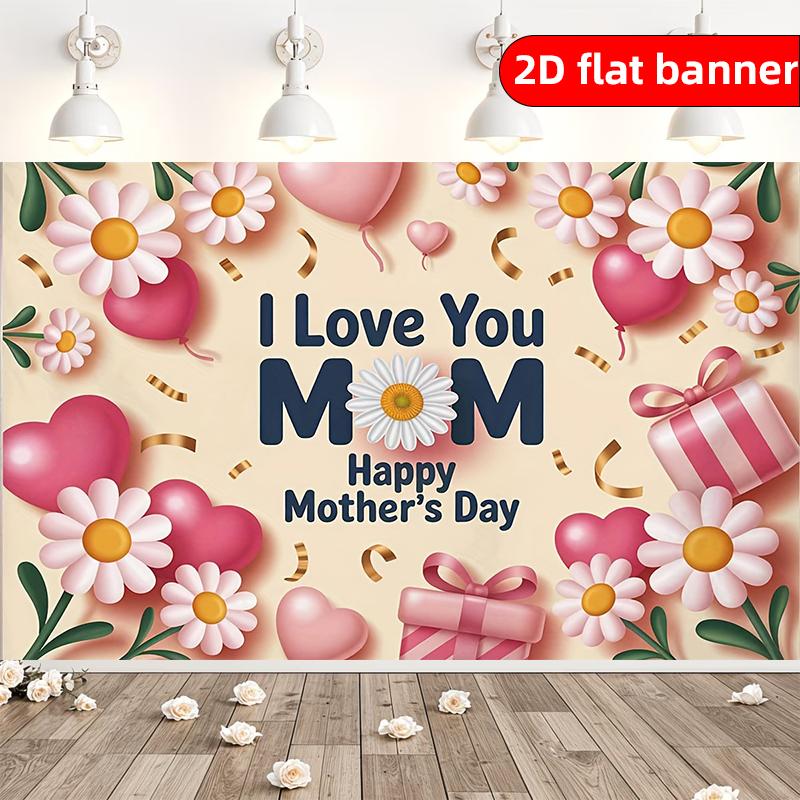 2D flat banner Happy Mother s Day Party Banner Flower Butterfly Heart Pattern 100x150cm розовый