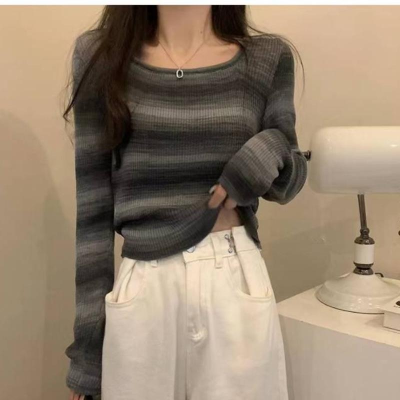 Square-neck Striped Long-sleeved Knitted Base Layer, A New Slimming and Form-fitting Short Top for Women In Autumn and Winter