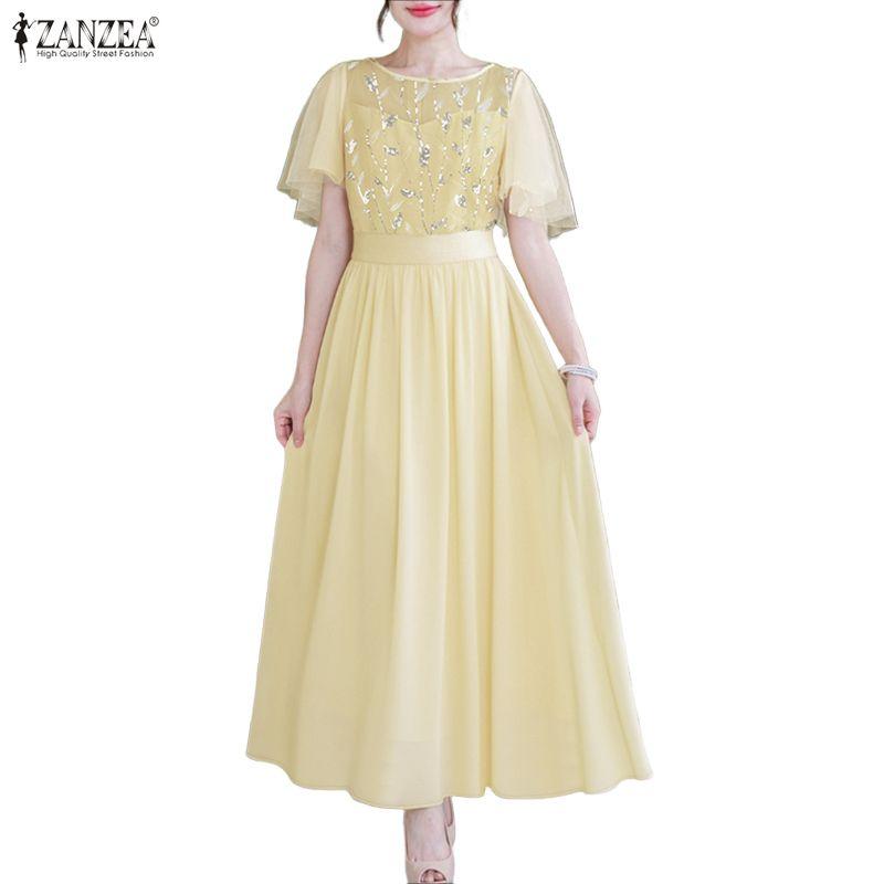 ZANZEA Women Casual Round Neck Mesh Splice Short Sleeve Loose Dress