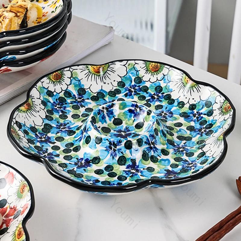 Retro Flower Sushi Plate Creative Home Fruit Plate Delicious Dishes Ceramic Plates Light Luxury Chinese Style Dumpling Tableware