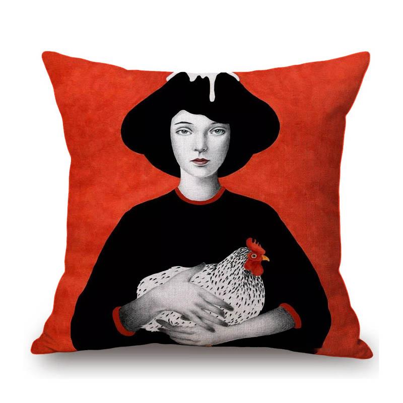Vintage Argentina Artist Flower Leaves Background Fashion Girl Comic Beautiful Cotton Linen Sofa Pillow Case Cute Cushion Cover