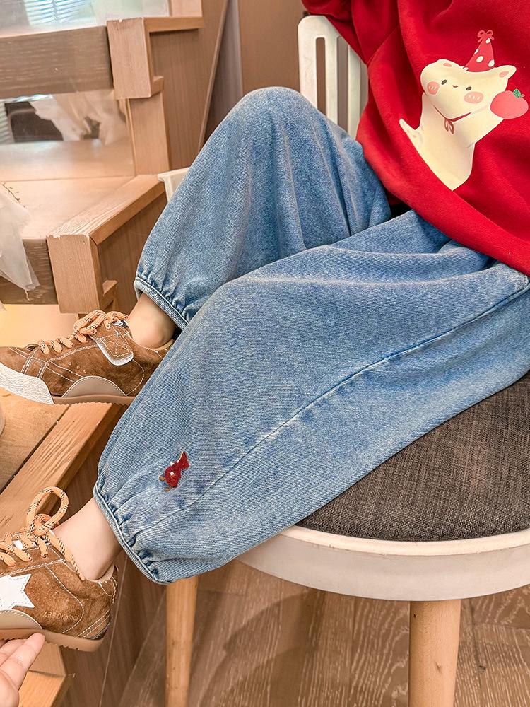 Girls' Soft Denim Lantern Jeans with Bow Embroidery - Baby Girl Fashionable Korean Style Pants for Spring and Autumn