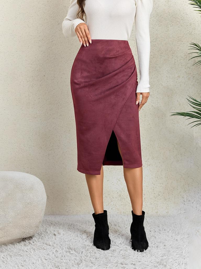 Women's Solid Color Pleated Suede Skirt High Waisted Buckle Wrapped Hip Short Skirt Middle Skirt