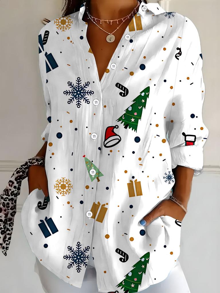 New Large Size Women's Long Sleeve Printed Shirt, Fashion Casual Button Up Lapel Shirt Women's Shirt