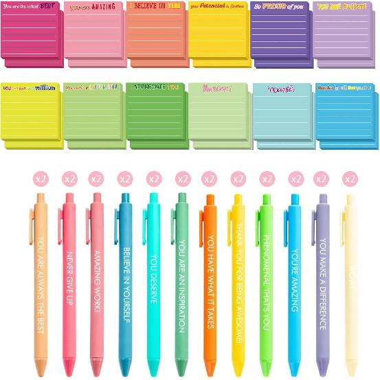 24PCS 3 x 3 Employee Appreciation Sticky Notes with 24PCS Saying Pens pirational Sticky Notes with Lines Cute Motivational Post Notes Gifts for