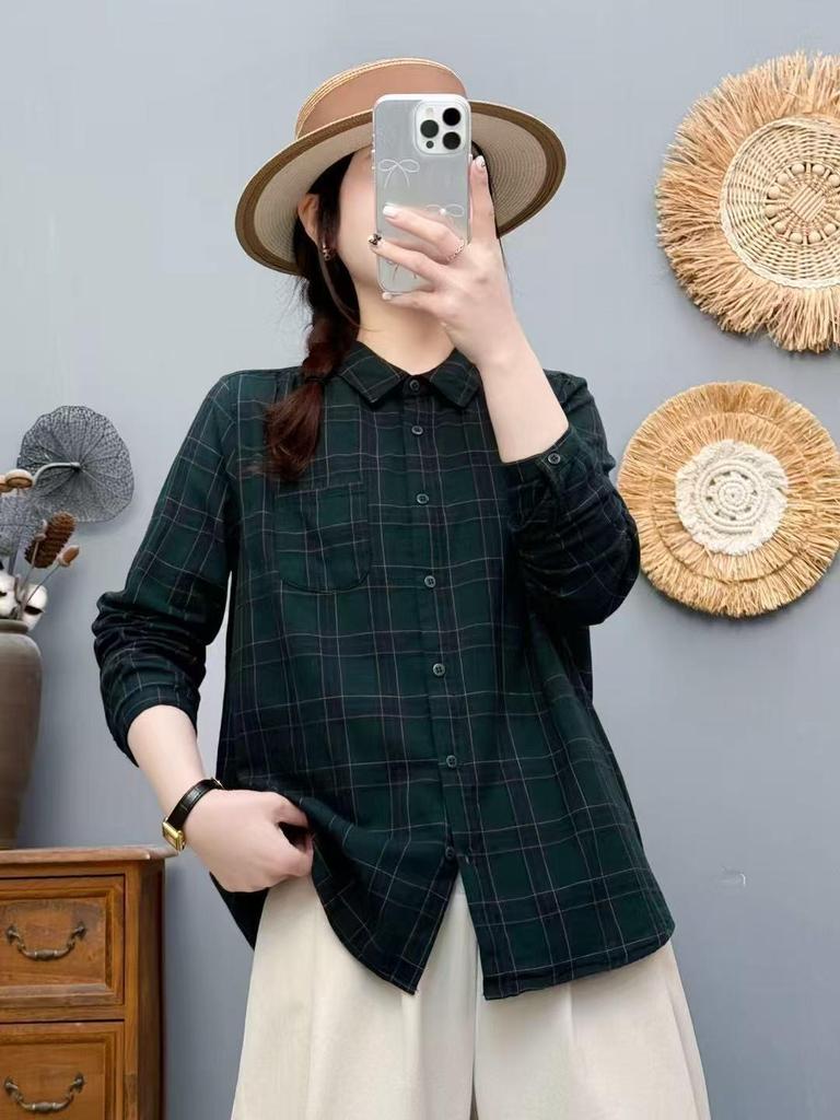 2025 Spring Women's Plaid Loose Casual Korean Style Academy Double Layer Gauze Long Sleeve Shirt