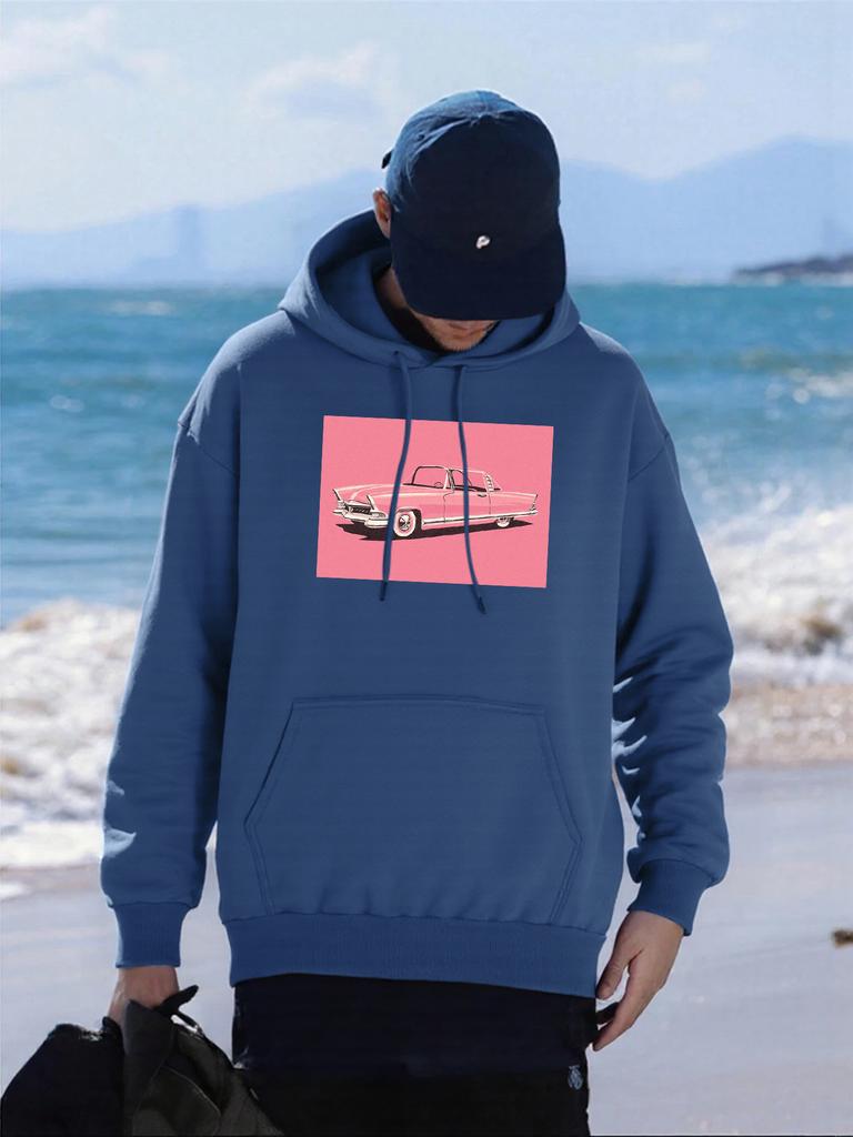 Pink Personality Car Printing Men Hoodie Hip Hop Loose Hoody Autumn Fleece Unisex Hoodies Pocket All-Match Man Sportswear
