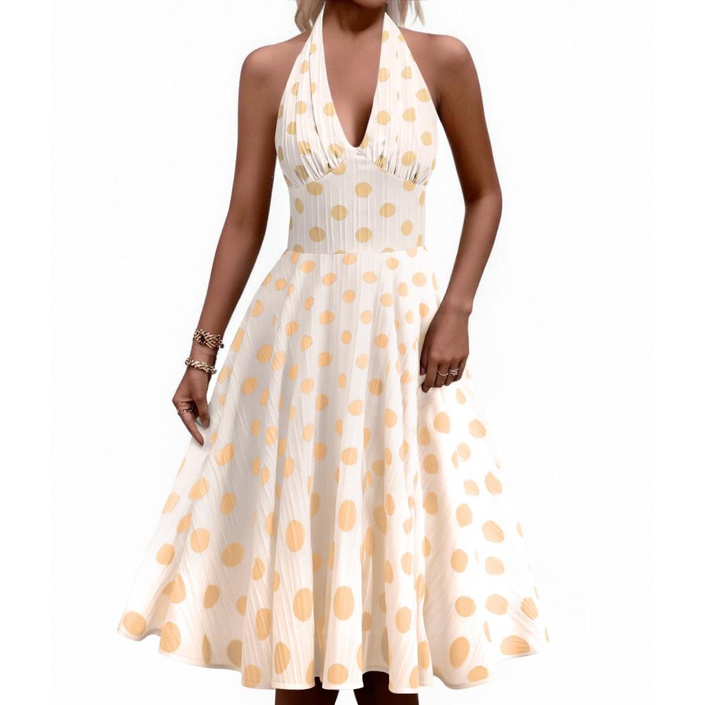 Women's Retro  High Waist Polka Dot Holiday Party Dress Neck Backless Sexy Midi Dress